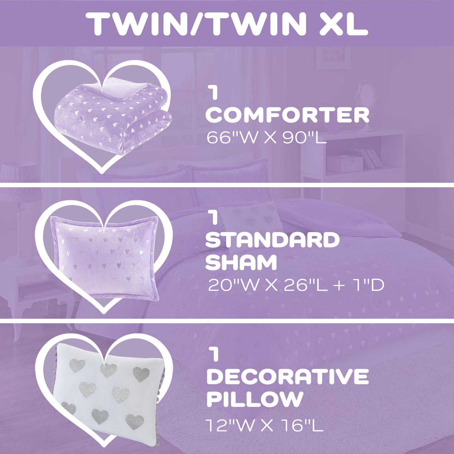 Intelligent Design Twin Comforter Set, 3 Piece Metallic Hearts Cozy Bedroom Set for Girls, Twin Bed Set Soft & Plush Comforter, All Season Fluffy Bedding Set, Rosalie, Twin/Twin XL, Purple Silver