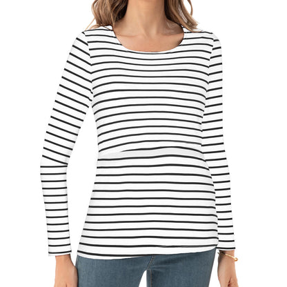 Bearsland Women's Nursing Shirt Long Sleeve Round Neck Breastfeeding Top, Black & Army Green & White Stripes, L