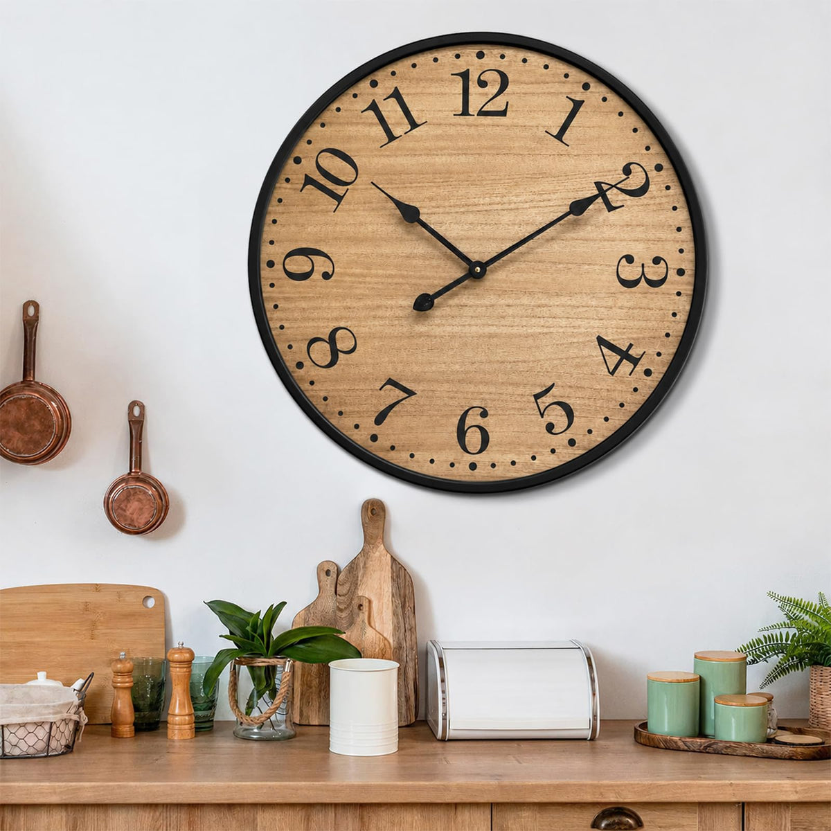 UPPER DECOR Rustic Farmhouse Wall Clocks for Living Room Decor, Large 24 inch Wall Clock with Dark Brown Wooden Face and Black Metal Frame, Silent Battery Operated for Kitchen Bedroom Entryway