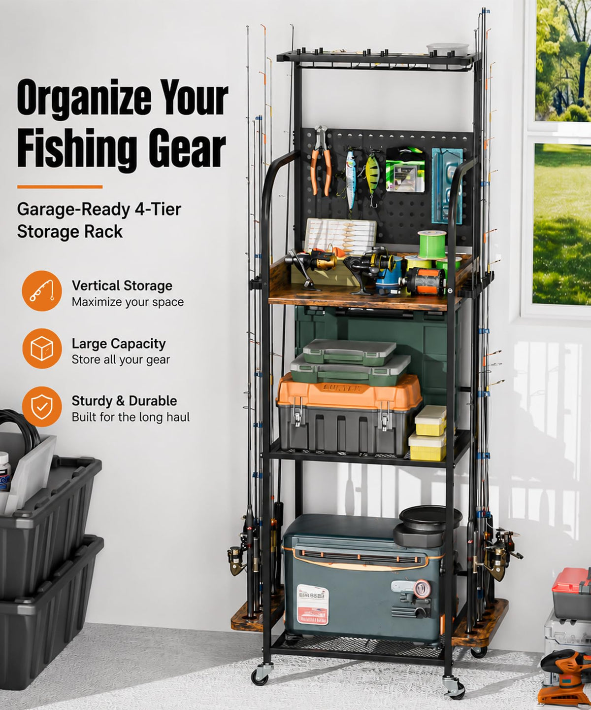 Homde Fishing Rod Holders for Garage: Large Capacity Fishing Equipment Holder up to 12 Rods - Mobile Tackle Storage Cart with Pegboard and Hooks for Tackle Box Organizers and Storage
