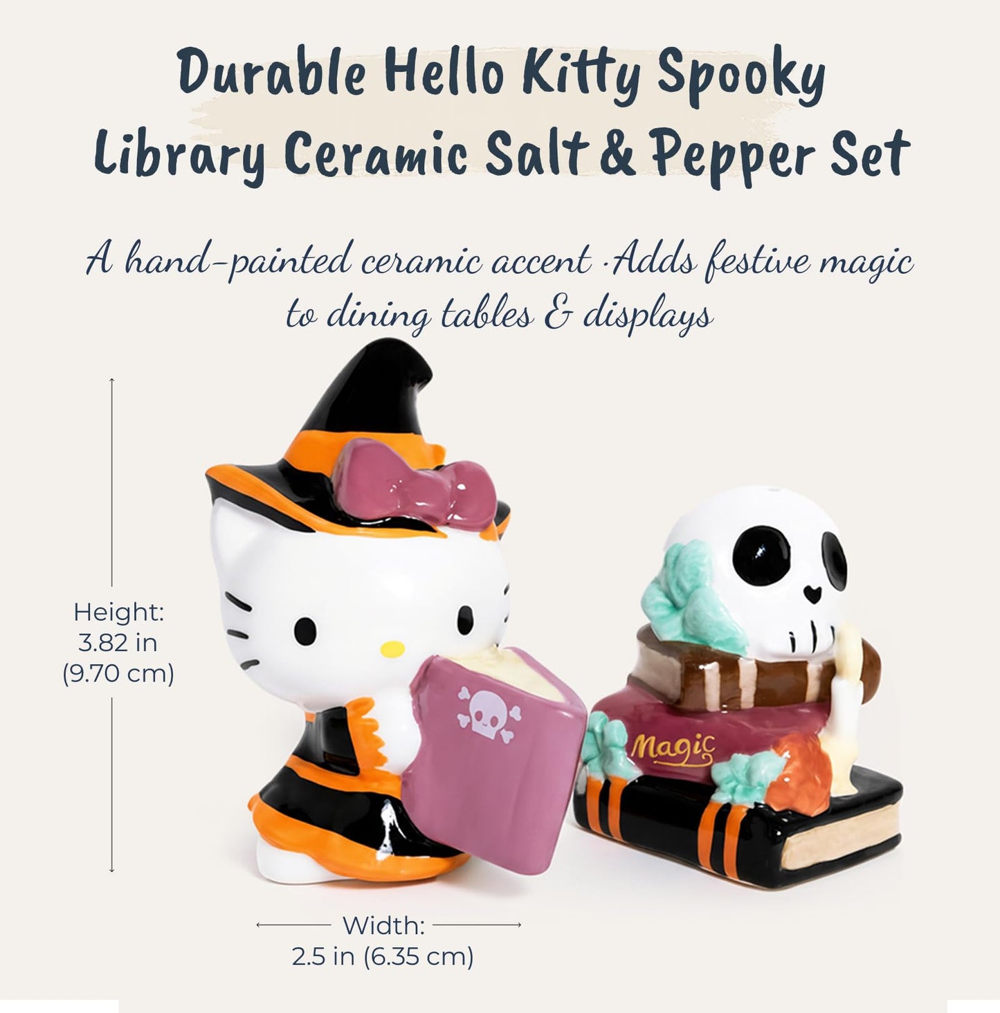 Blue Sky Clayworks Hello Kitty Spooky Library Salt & Pepper Shaker Set, Ceramic, 6" L x 3" W x 4" H, Witchy Bookish Duo