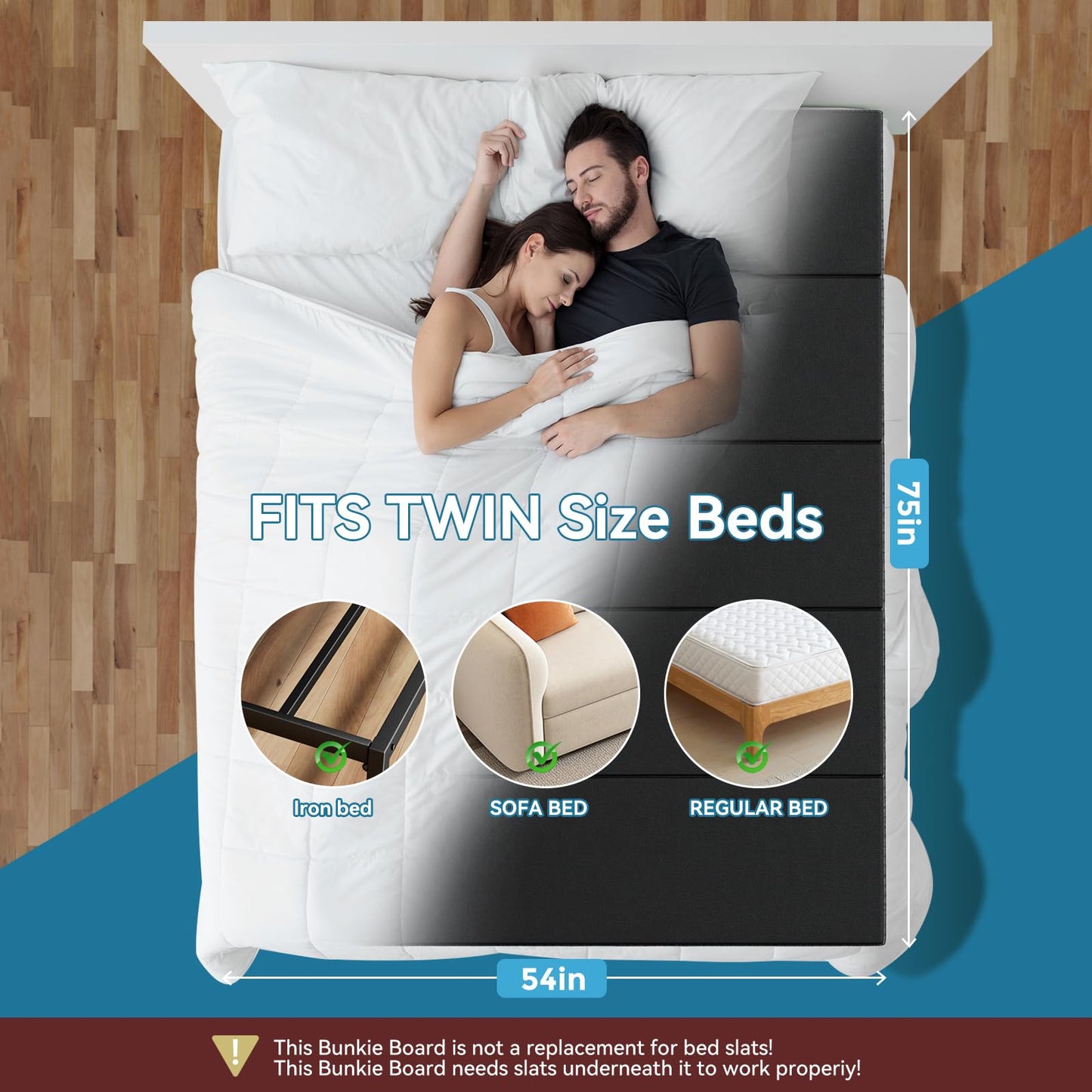 JASMINELOVER Bunkie Board Twin Size 38"x75" Bed Boards for Under Mattress - Heavy Duty Reinforced Wood Support Board with Anti-Sag Design, Fits Metal Frames/Platform Beds/Sleeper Sofas