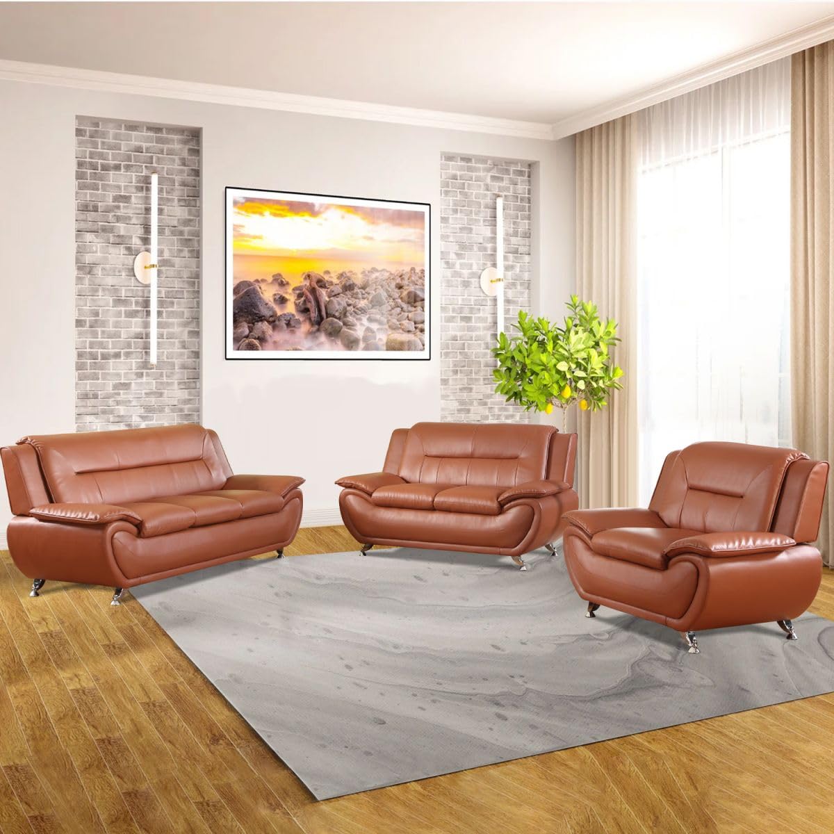 UOCFYK Lounge Comfy Faux Leather Sofa Modern Couch for Small Living Room/Dorm/Bedroom/Office/Apartment for Small Spaces, (Orange, Three-Person Seat)