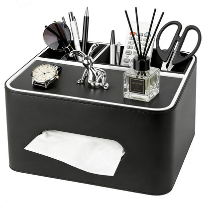 PU Leather Tissue Box Cover Square - Multifunctional Tissue Box Holder with Storage, Tissue and Remote Control Holder Organizer with Compartments for Bedroom Nightstand, Desk, Living Room (Black)