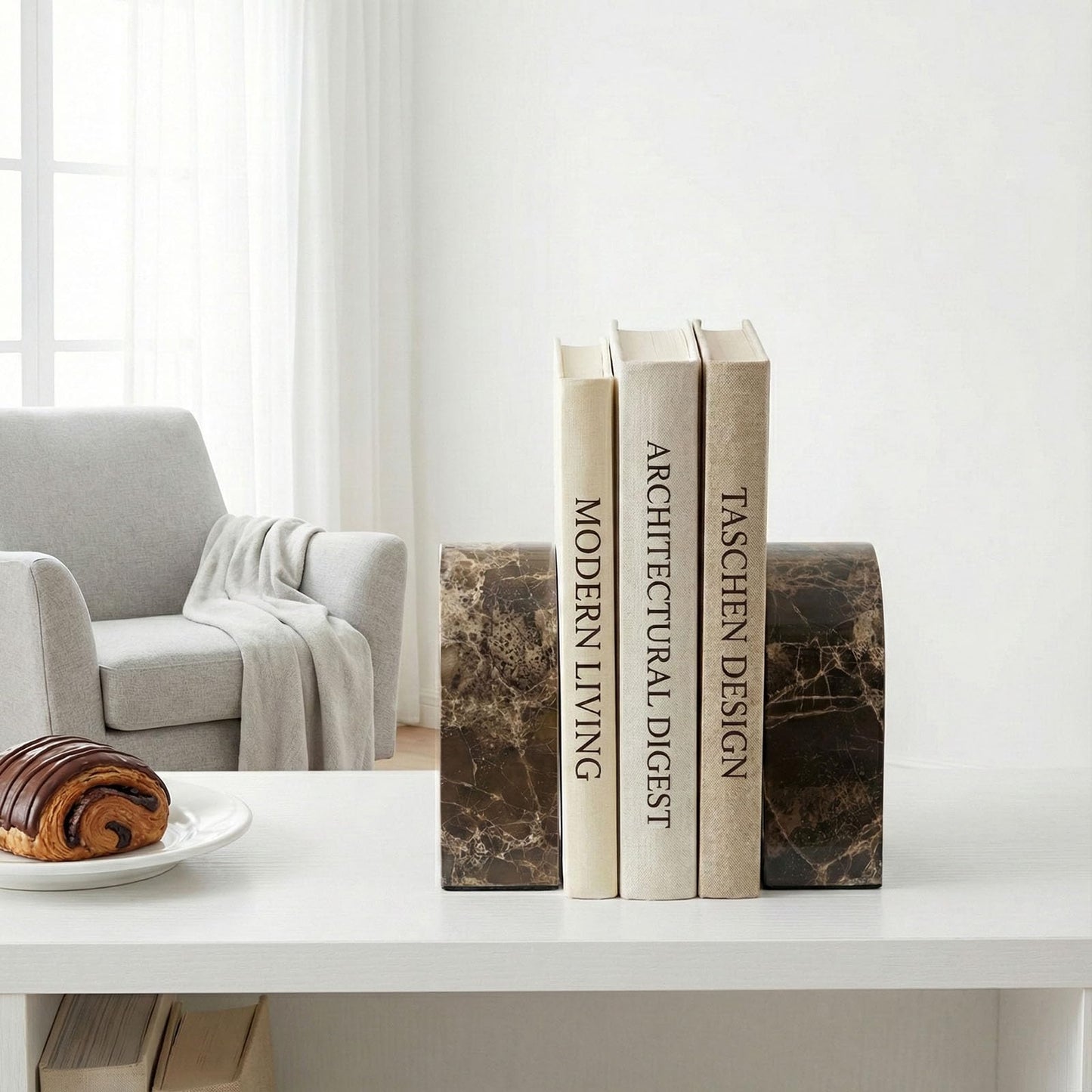 Natural Marble Bookends for Shelves,Unique Brown Arched Book Ends, Office bookends for Heavy Books, Set of 2,Heavy Duty (Brown)