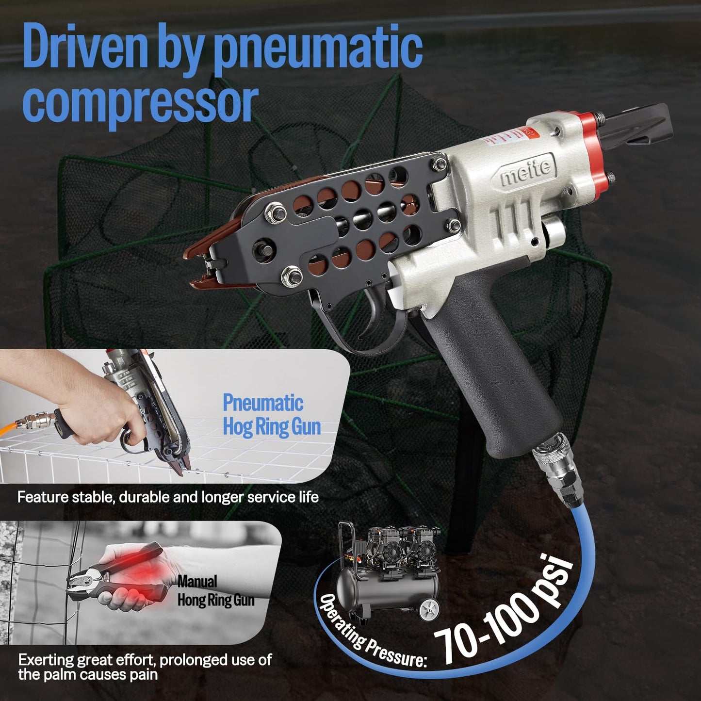 meite SC760C-I2 Pneumatic Hog Ring Gun, 16 Gauge 1/2" Crown Hog Ring Pliers, 2.6-3.6 mm Closure, Upgrade Trigger Air C Ring Stapler for Fencing, Upholstery, Pet Cages, and Bag Closing