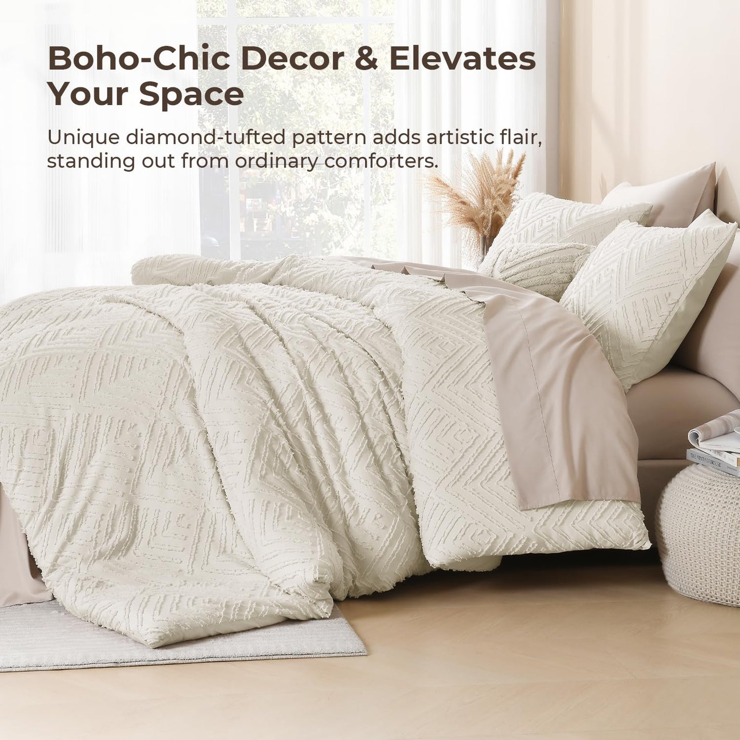Litanika Queen Comforter Set Beige, 3 Pieces Cream Tufted Boho Farmhouse Bedding Comforter Sets, Lightweight Fluffy Comforter Bed Set for All Season (90x90In Comforter and 2 Pillowcases)