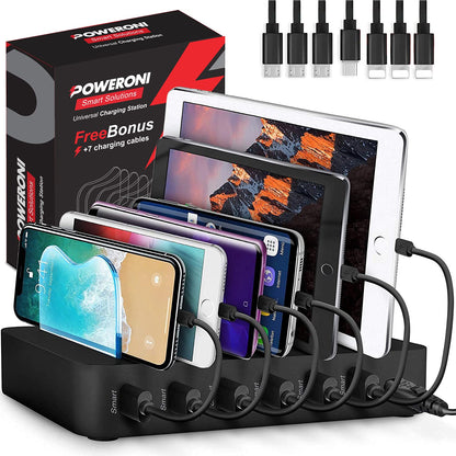 USB Charging Station - 6 Port Universal Charging Station for Multiple Devices - Multi Device Charger Dock - Compatible with Apple, iPad, iPhone, Android Cell Phones, and Tablets - Black