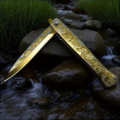 SAIYM Rose Relief Pocket Knife, Elegant EDC Folding Tactical Knife Blade 3.8in for Outdoor Survival Camping Hiking Gift for Adults Men Women, Golden