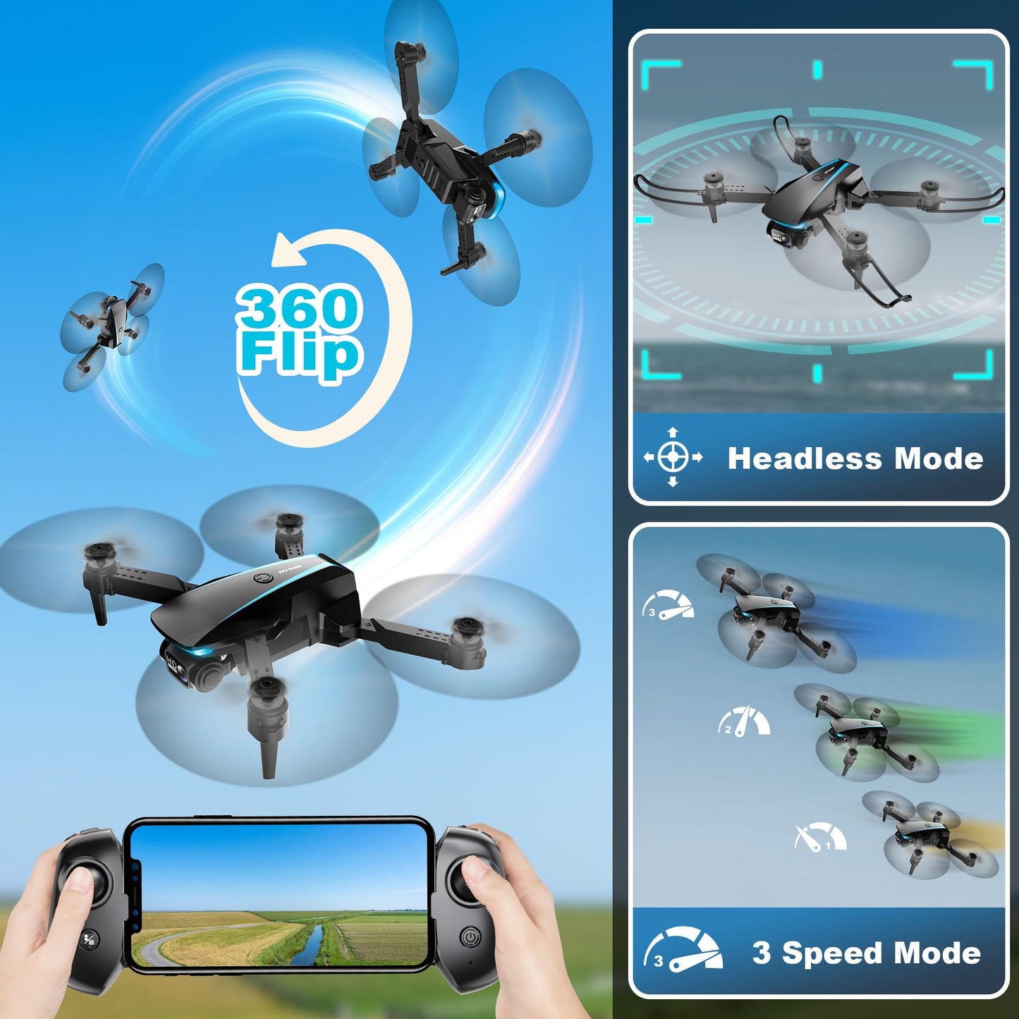 Oddire Mini Drone with Camera - Drones for Kids Adults, 1080P HD Foldable Drone with Stable Hover, Auto-Follow, Trajectory Flight, Gravity Control, 90° Adjustable Lens, One Key Take Off/Land, 3D Flip