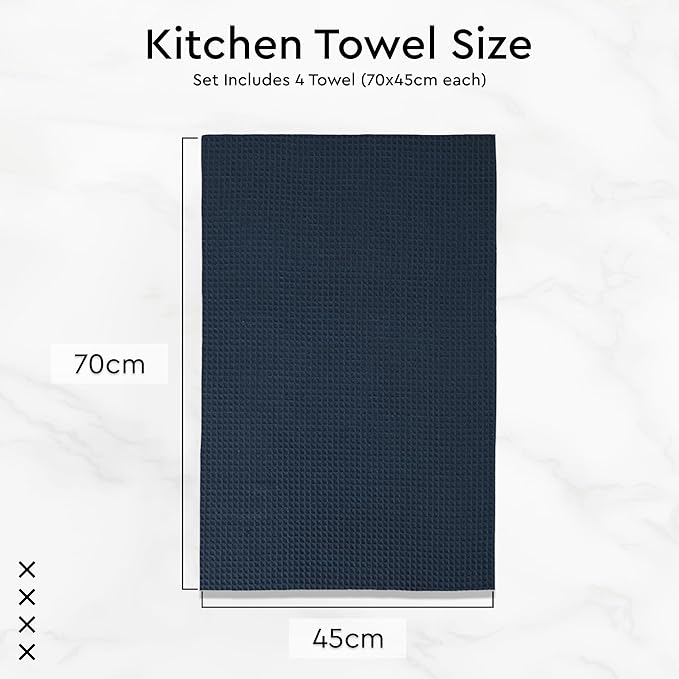 Encasa XO Kitchen Dish Towels Set | Navy Blue | Waffle Weave and Flat Hand Tea