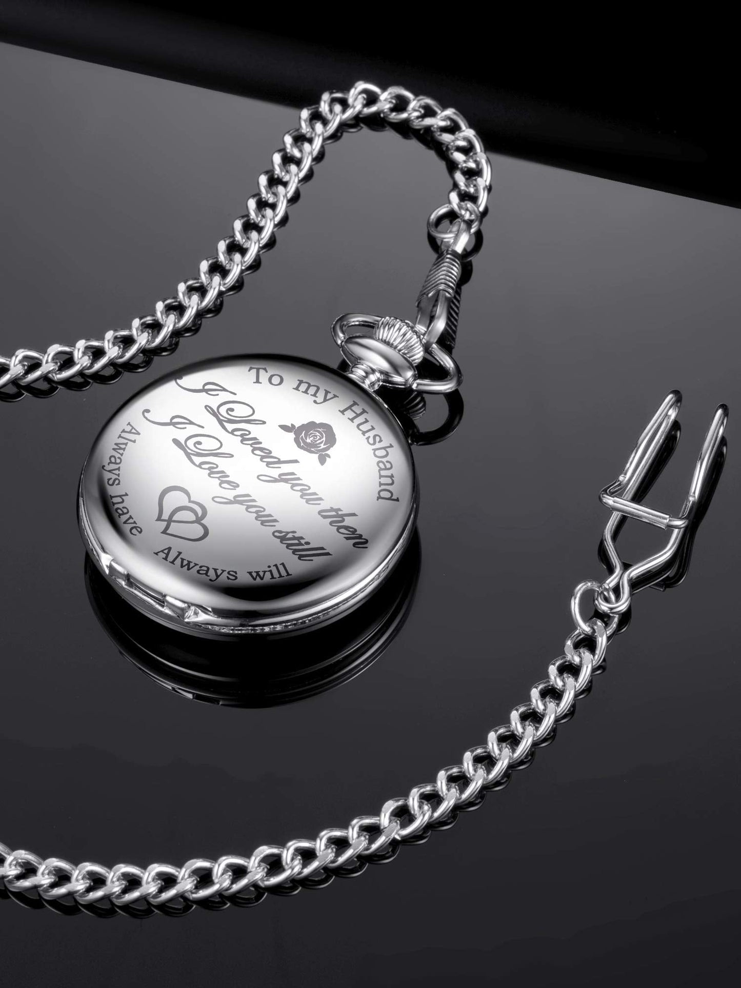 Pangda Quartz Pocket Watch to Husband Gift, Engraved Pocket Watch (Silver Case and Black Dial)