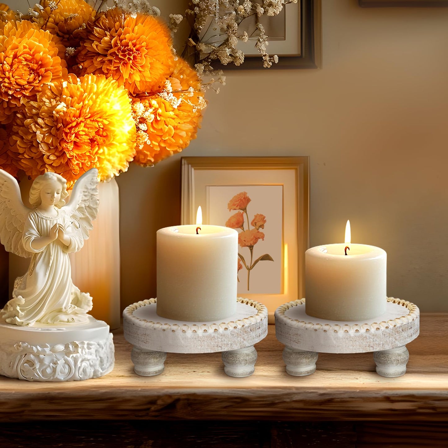 Small Wood Risers for Decor, Round Wooden Display Risers Candle Plates and Trays, Farmhouse Candle Trays Home Decor, Pedestal Stand for Mini Cake, Mug Display Decorative, Table Centerpiece, White