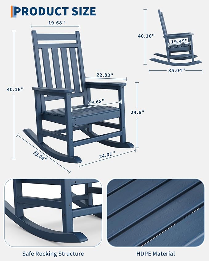 GarveeLife Poly Lumber Rocking Chair Outdoor Set of 6 - HDPE High Back Porch Rocker Chairs for Adults - All Weather Resistant Furniture for Patio - Navy Blue
