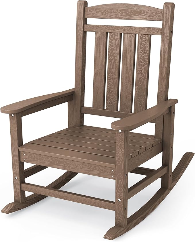 KINGYES HDPE Outdoor Rocking Chair, Widened Seat Patio Rocking Chair, Oversized All Weather Patio Rocker, Brown