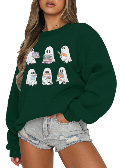 UNIQUEONE Halloween Sweatshirts for Women Ghost Reading Books Sweater Cute Spooky Bookish Shirt Fall Pullover Long Sleeve Tops Green