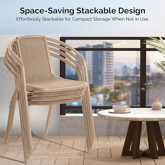 VINGLI PE Rattan Outdoor Dining Chairs Set of 2, Plastic Stackable Patio Chairs for Indoor, Porch, Restaurant, Garden,Champagne