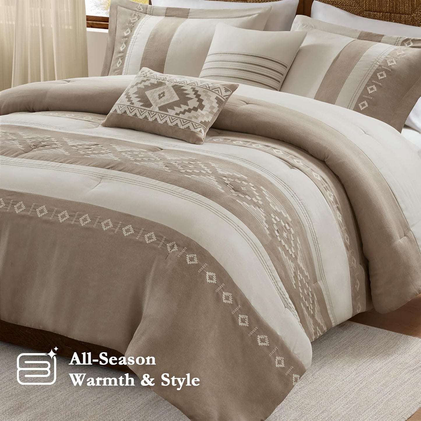 Woolrich Queen Comforter Set – Sutherland 5-Piece Microsuede Embroidered Bedding Set with Decorative Pillows, Taupe