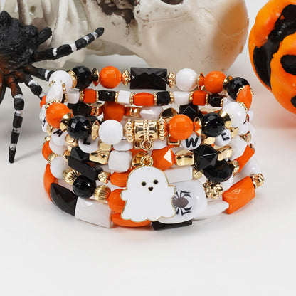 Twinfree 4 Sets Halloween Stretch Bracelets for Women, Pumpkin Ghost Cat Bat Design Beaded Bracelet