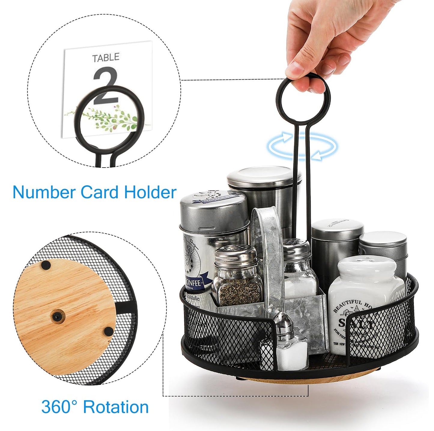 Yesland 2 Pack Metal Rotating Condiment Caddy with Number Card Holder, 7.75 Inch Round Caddy with Wooden Base, Black Coated Table Seasoning Organizer for Grill Outdoors, Dining Table, BBQ