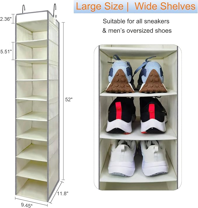 Large-Sized Hanging Shoe Organizer 10-Shelf, Sturdy Hanging Closet Organizer