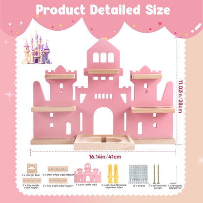 Tonie Shelf for Tonies Box 2/1 - Tonie Storage for Tonie Box & Tonies Figures & Charging Station, Magnetic Wooden Floating Shelf for Toniebox & 15-33 Tonies Characters, Wall Mounted Rack,Castle Shape
