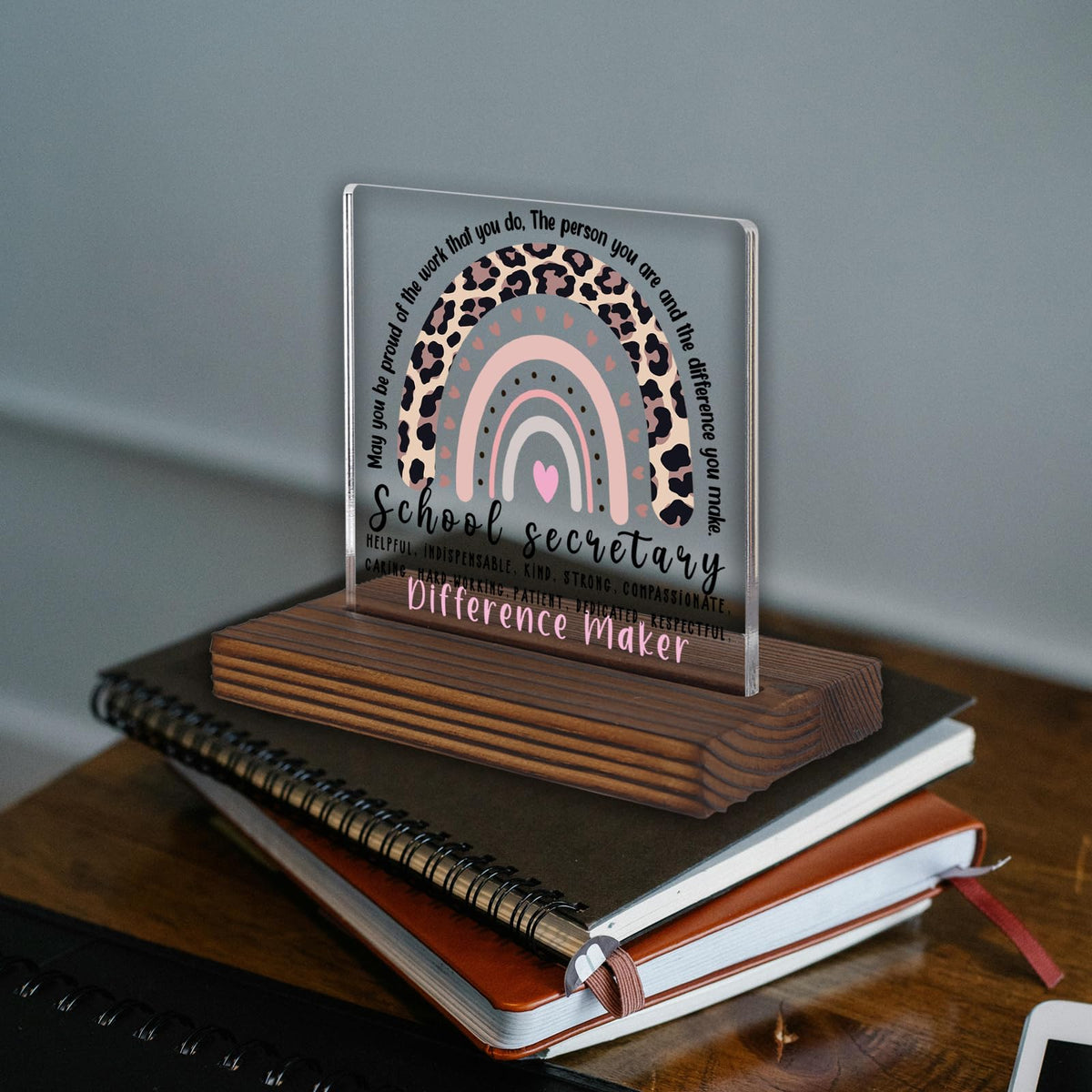 School Secretary Appreciation Gift Desk Sign, Leopard Rainbow Difference Maker Plaque, Office Decor Thank You Gift for School Office Staff PA075
