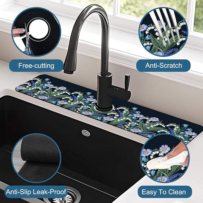 Blooming Lilies Sink Splash Guard Valley Lilies Flowers Faucet Absorbing Mat