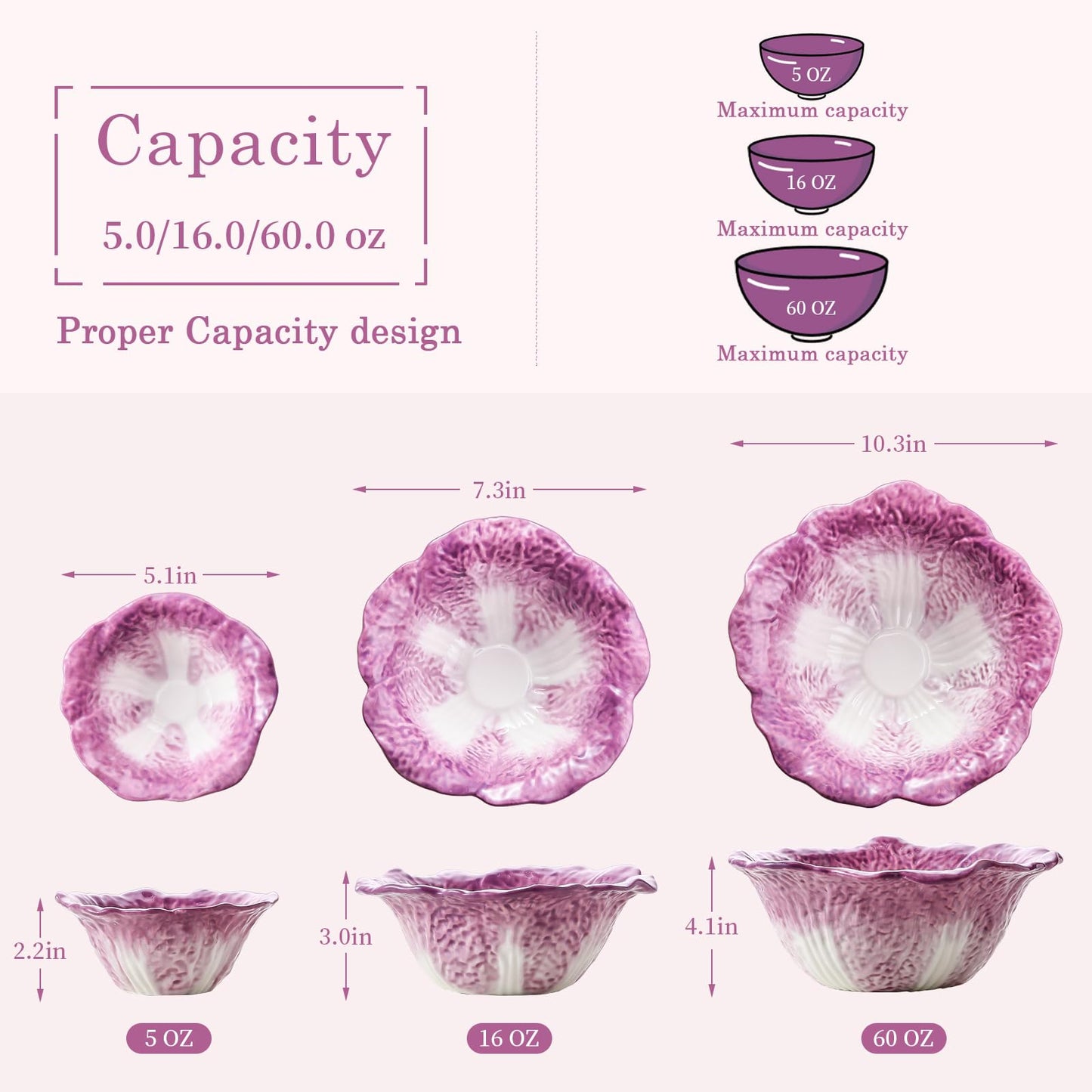 KXZ Ceramic Mixing Bowls Set, Nesting Bowls Set of 3 For Kitchen - 60oz, 16oz, 5oz Prep Serving Bowl Set for Entertaining, Baking and Mixing Salad, purple
