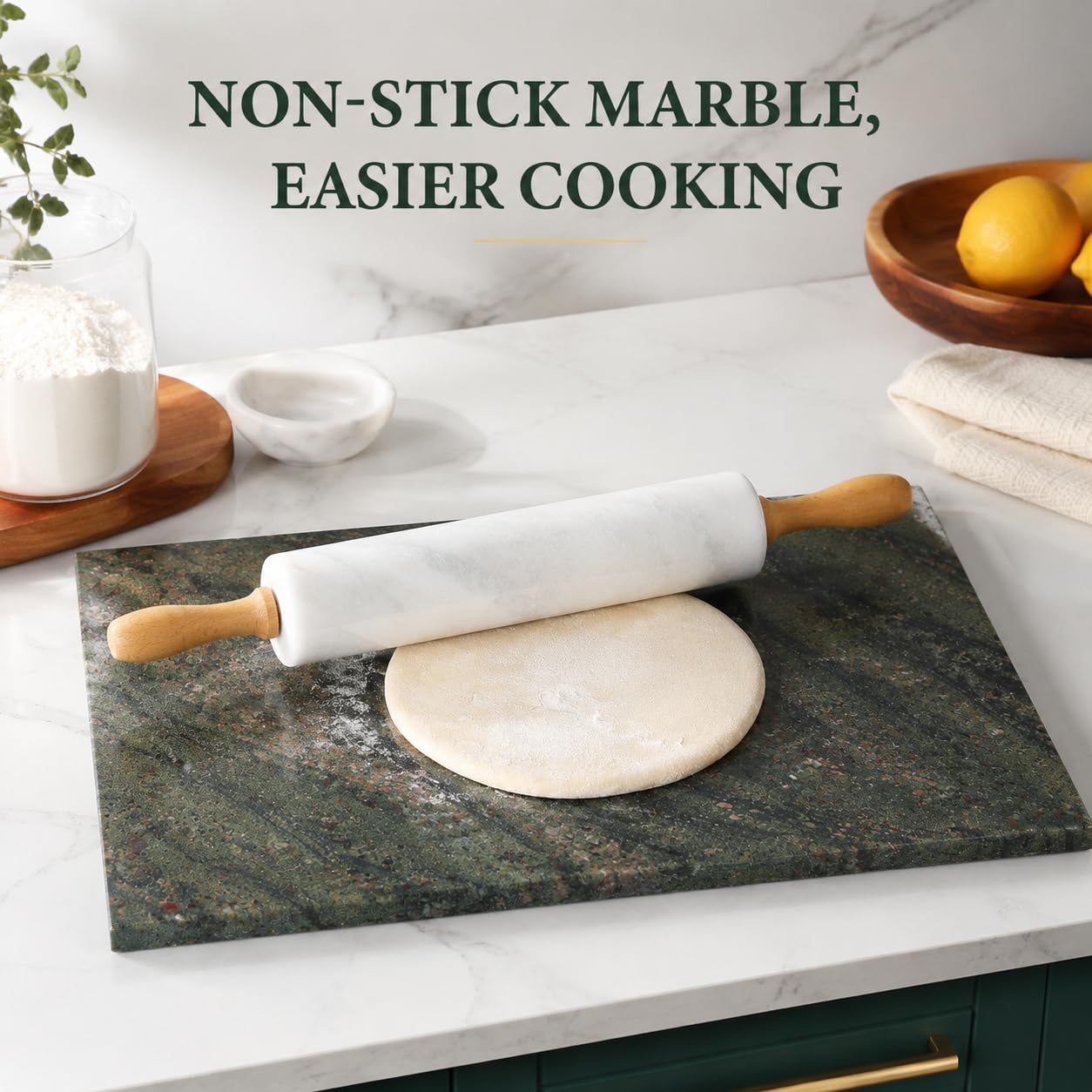 Koville Granite Cutting Board for Kitchen, 16x12 Inches Large Marble Slab Cheese Board, Rectangular Serving Board for Baking Charcuterie Pastry, Natural Stone Board for Countertop (Green)