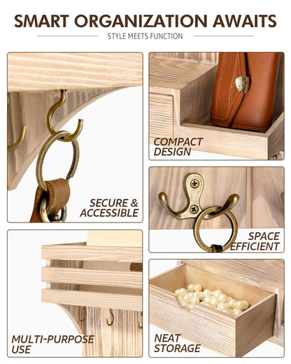 Rebee Vision Decorative Key Holder Wall Mount with Mini Drawer Organizer - Farmhouse Key Holder for Wall with Mail Organizer & 9 Key Hooks - Ideal Room Decor Aesthetic (Natural Wood)