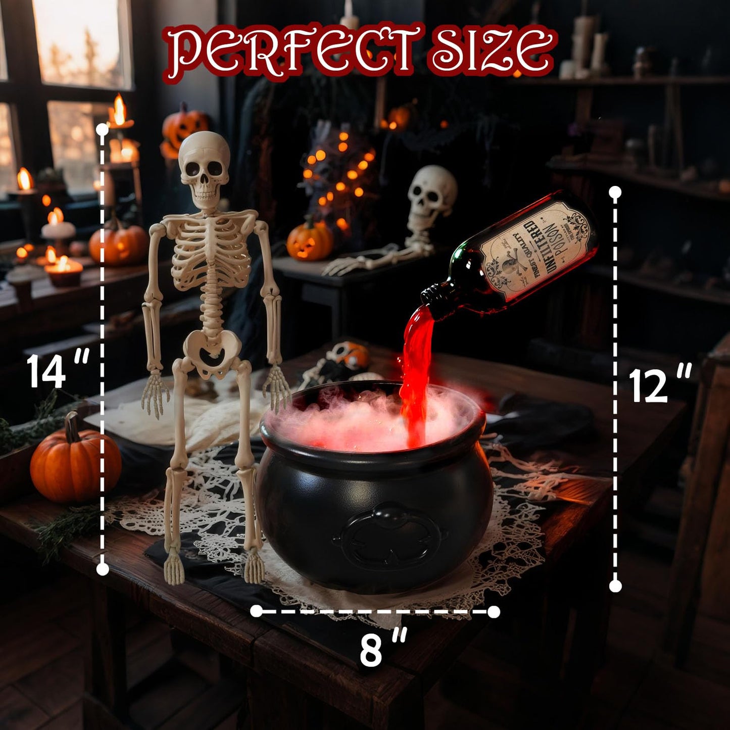 Halloween Decoration Set, Ultrasonic Mist Maker Fogger with Black Witch Cauldron DIY Magic Floating Bottles Halloween Skeleton Splash Guard, Spooky Hocus Pocus Party Decor for Home Garden Kitchen Yard