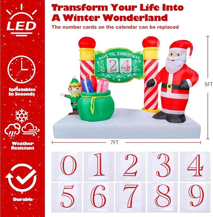 Vigdur 7FT Christmas Inflatable Sign – Lighted Advent Calendar Blow Up with Detachable Letters, Outdoor Santa Christmas Decorations for Yard, Lawn, Garden, Holiday Party & Home Décor