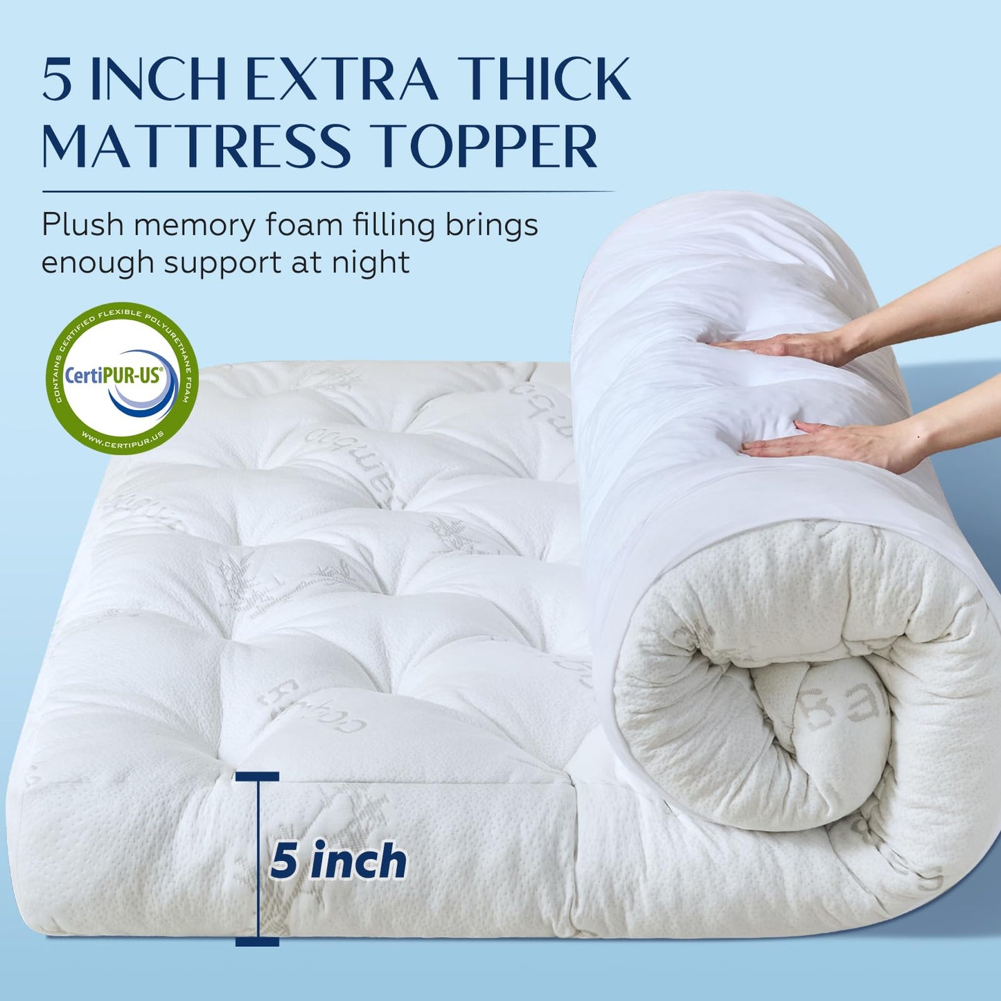 5 Inch Queen Mattress Topper Viscose Derived from Bamboo,Extra Thick Pillow Top Mattress Pad Queen Size,Cooling for Hot Sleepers,Memory Foam Filling for Pain Relief,White