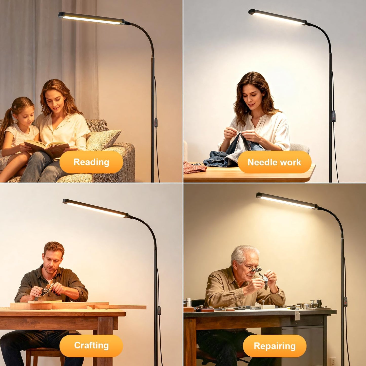Bright 12W LED Flicker-Free Eye Protection Dimming Floor Lamp,3000-6000k,Gooseneck adjustable Standing Reading Lamp for Living Room Bedroom Bedside Office Classroom Task Craft, Black Modern Light