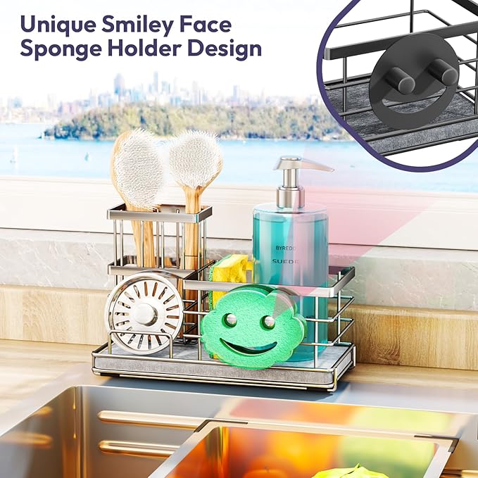 SWTYMIKI Kitchen Sink Caddy Organizer, Smiley Face Sponge Holder