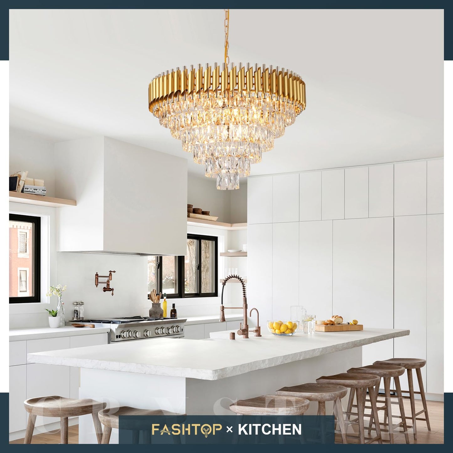 Fashtop K9 6-Tiers Modern Gold Crystal Chandelier 30'' Contemporary Crystal Pendant Chandeliers Light Fixture 16 Lights for Living Room Dining Room Bedroom Entryway Foyer High Ceiling，E12 Base ﻿ ﻿