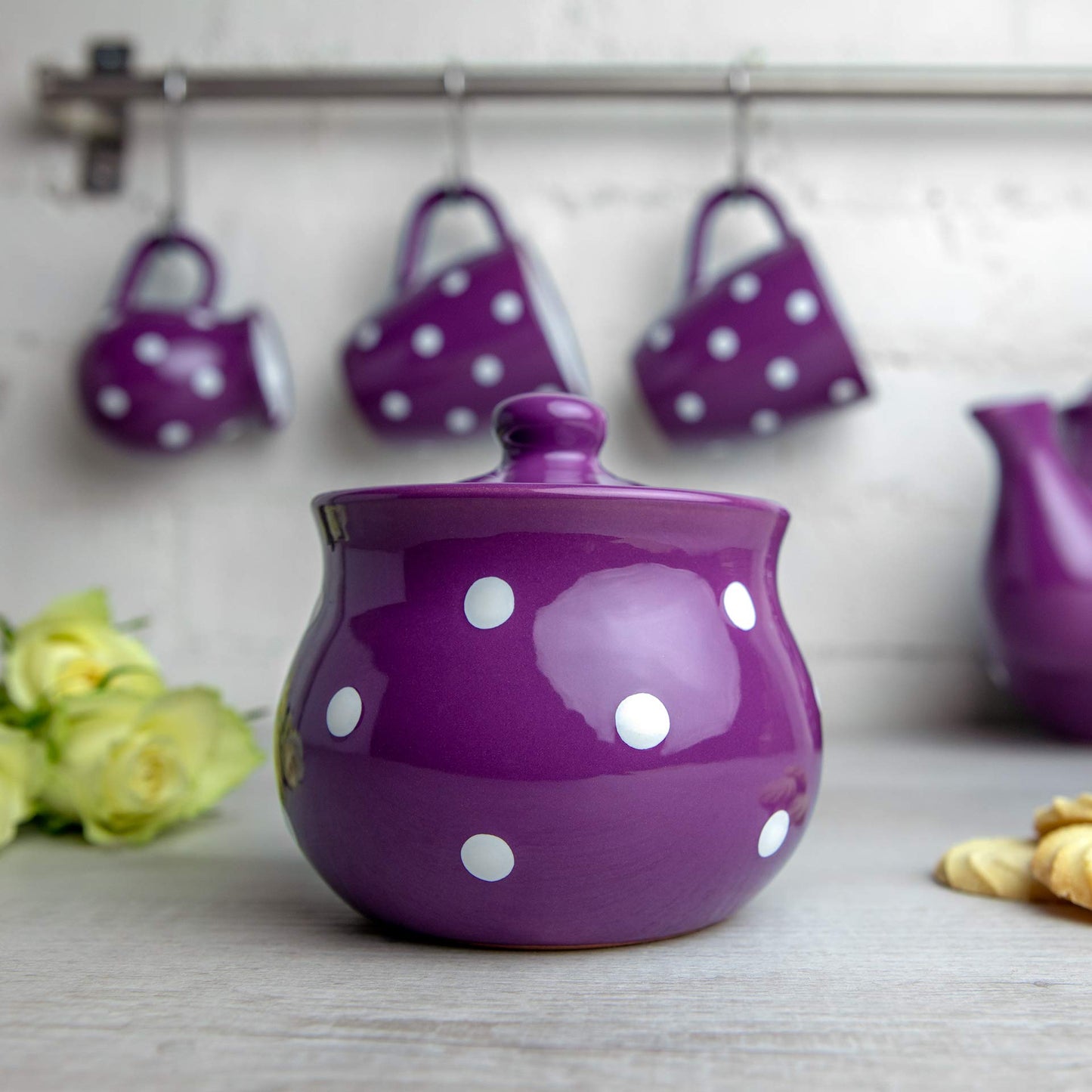 City to Cottage Ceramic Sugar Bowl with Lid, 10oz Sugar Contanier for Coffee Bar, Sugar Dispenser Bowl, Salt - Condiment Pot for Kitchen Counter, Handcrafted Purple Polka Dot Sugar Jar