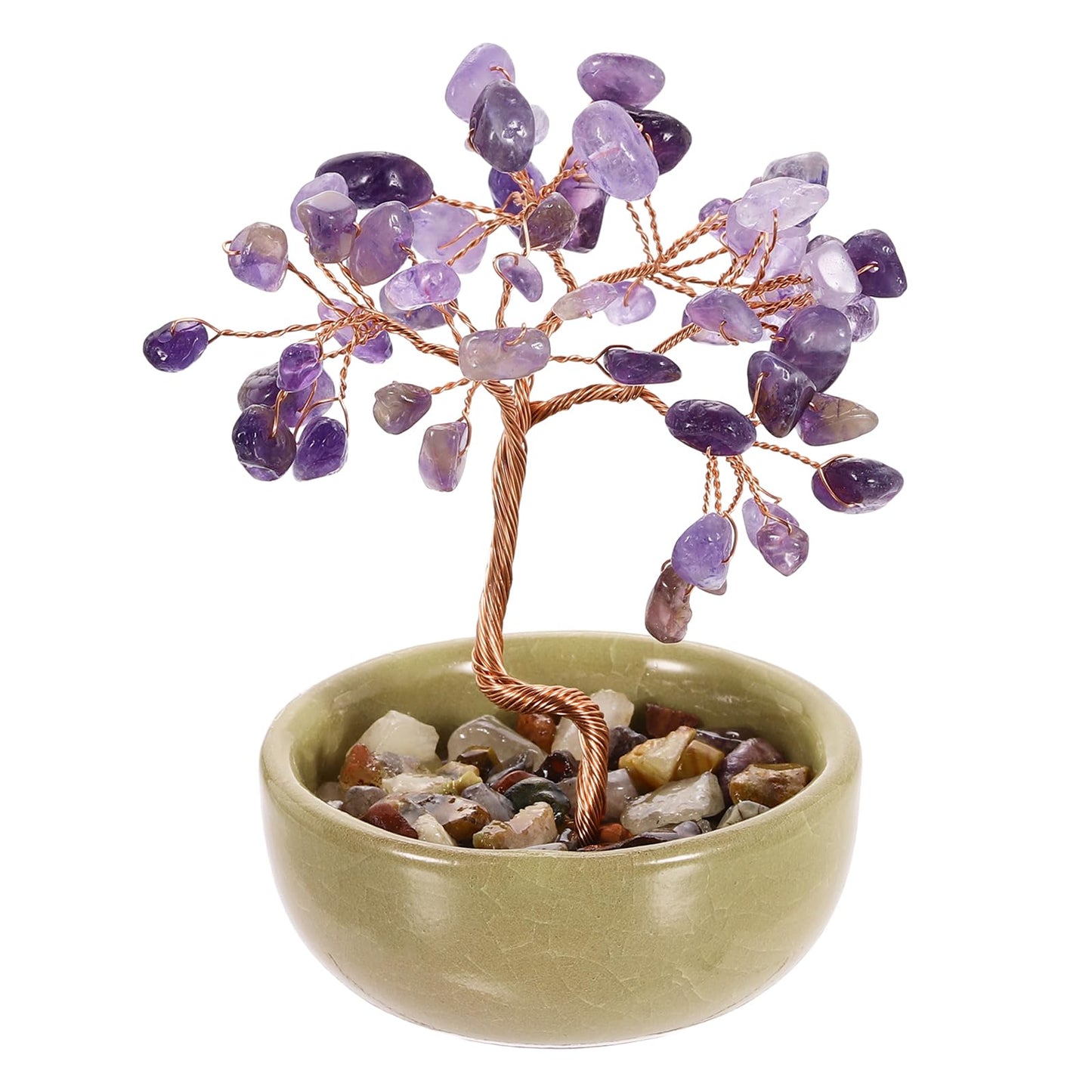 MECCANIXITY 7 Chakra Crystal Tree of Life, Natural Amethyst Gemstone Tree Handmade Feng Shui Bonsai with Agate Base for Positive Energy, Good Luck, Home Office Decor (4x2.4Inch Purple)