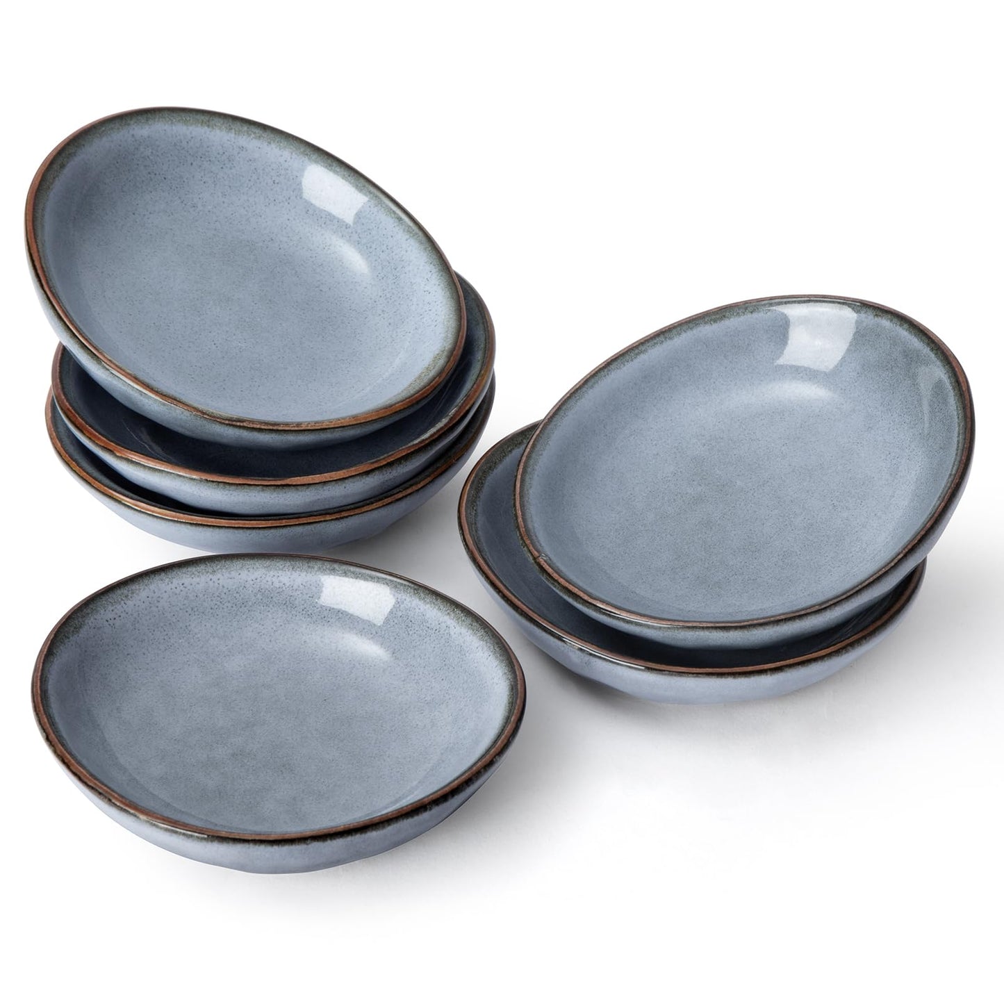 famiware Ocean Soy Sauce Dishes of 6, Oval Dipping Sauce Cups/Bowls/Dishes for Kitchen, 2.1oz Ceramic Small Bowls for Side Dish, Appetizers, Snacks, and Sushi, Reactive Glaze, Dishwasher Safe, Blue