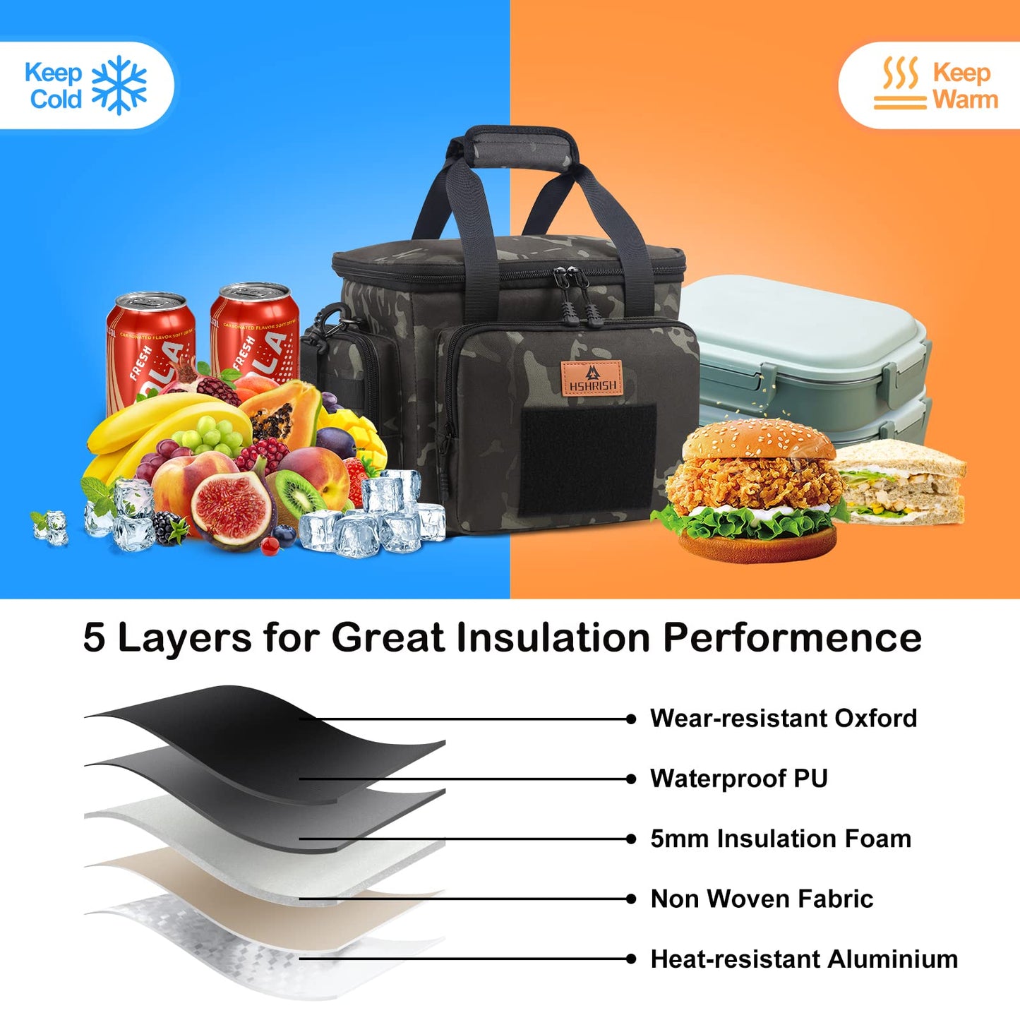 Lunch Bag for Men, Tactical Cooler Bag, Reusable Waterproof Leakproof Insulated Lunch Box for Adults Men Work Picnic Outdoor Day trips Camping, 12L Camo HSHRISH