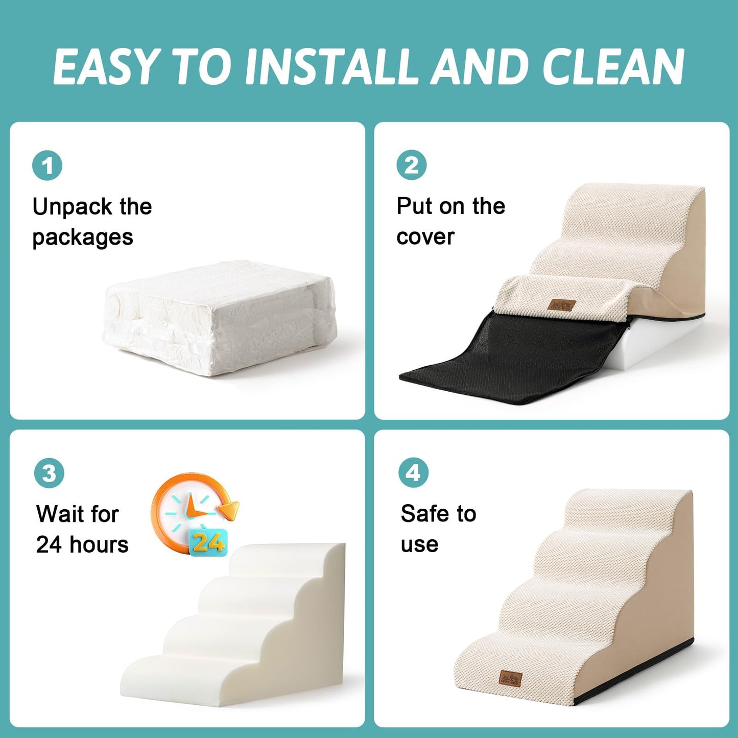COZY KISS Dog Stairs for Small Dogs, Curved Pet Step with Leakproof Cover, High Density Foam Cat Ramp for Bed or Sofa, Lightweight, Durable, Comfort, 15.7x22.4x15.7 inch, 3 Tiers, Beige