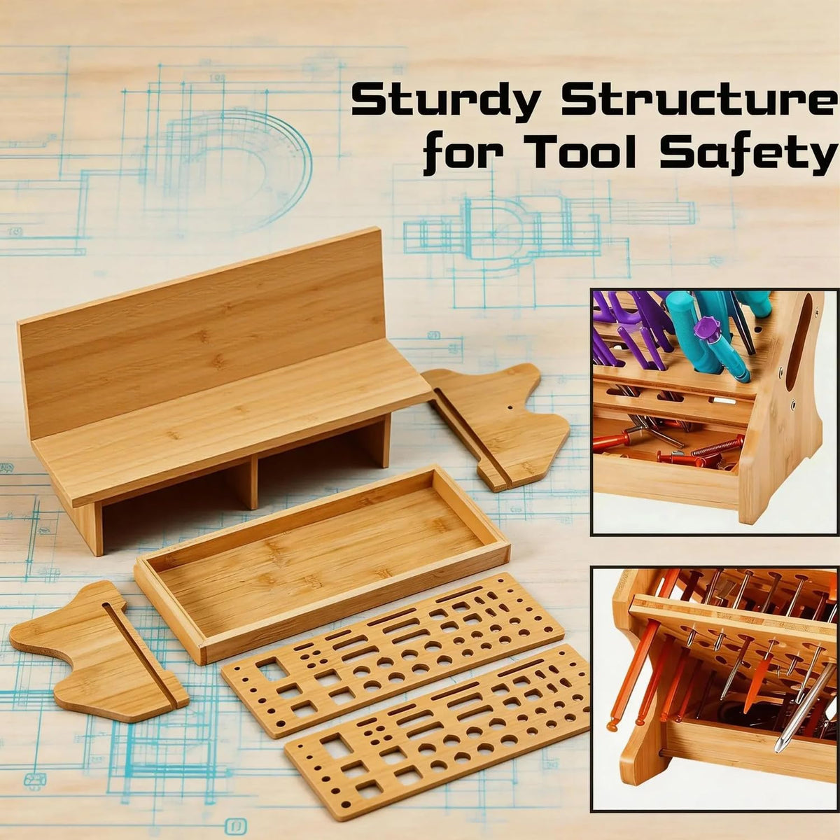 Bamboo Screwdriver Organizer, Multi-Purpose Tool Holder with Drawer, Wooden Screwdriver Storage Rack for Screwdrivers, Pliers, Wrenches, Hand Tools