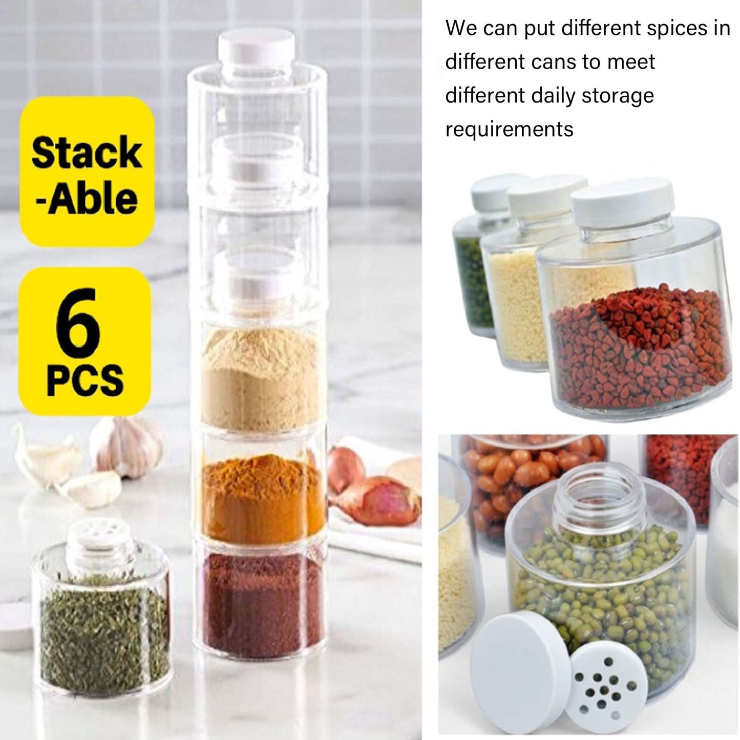 AYNEFY 6 Pcs Stackable Pot,Transparent Tower Seasoning Bottle Storage Container Kitchen Seasonings Jars Salt Storage Box Organizer