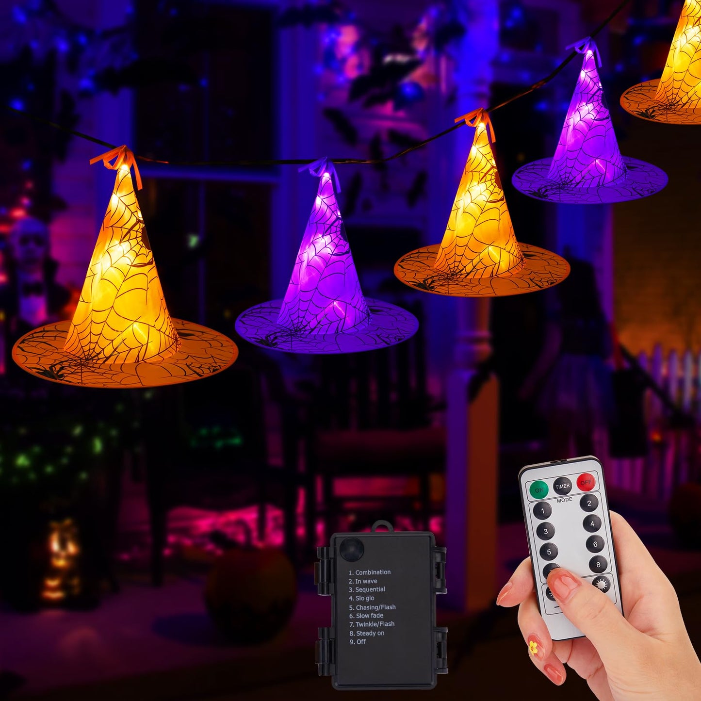 Battery Operated Halloween Lights Witch Hat Decoration,8 Pack Orange and Purple Hanging Lighted Hats with 56 LED Warm White Lights with Remote, Floating Witch Hat Light for Indoor Outdoor Decoration