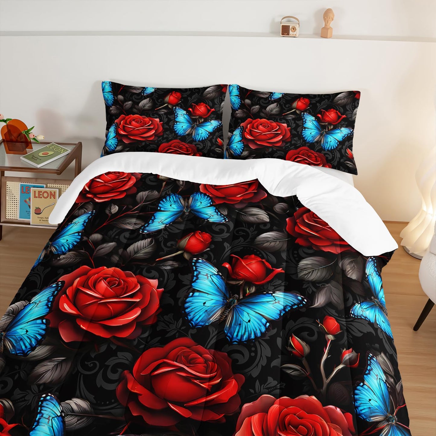 UEVBF Black Red Rose Comforter Sets,Blue Butterfly Comforter Set Twin Bedding Sets for Girls Women Bedroom Decor,Romantic Floral Themed Bedding Soft Lightweight Comforter Sets with 2 Pillowcases.