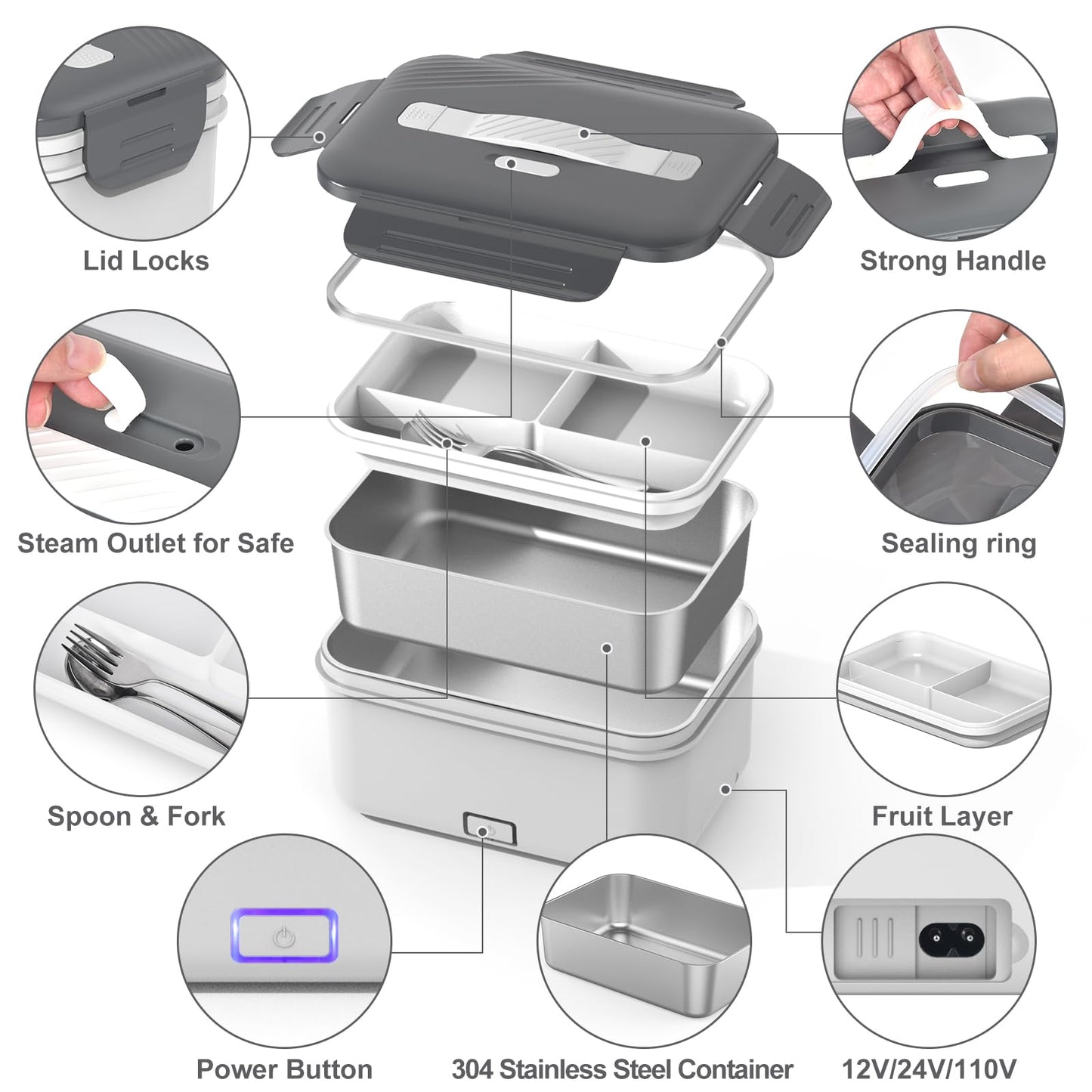 Electric Heated Lunch Box for Car Truck Home 1.8L 100W Portable Food Warmer with 12V/24V/110V/220V Hot Meal for Work Travel Jobsite Camping Christmas Gifts White Elephant Gifts for Adults/Men/Woman