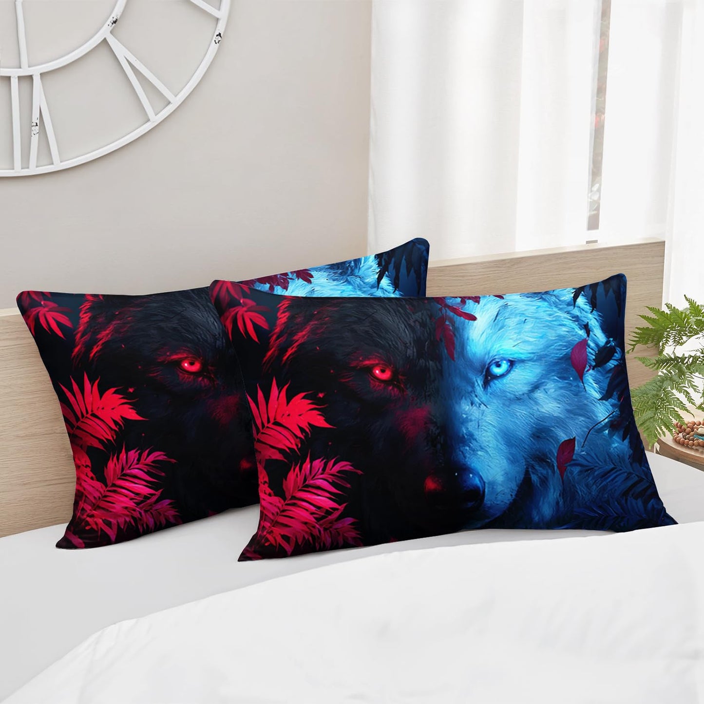 HOSIMA Wolf Twin Bedding Sets for Kids,Blue Black Wolf Print Fitted Sheet,Red Maple Leaves Pattern Animal Themed Wildlife Bedding Sets for Teens Boys Room Decor,1 Fitted Sheet+2 Pillowcases.