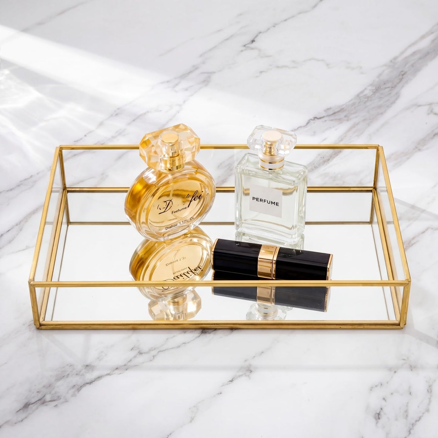 Lyellfe 2 Pack Perfume Trays, Gold Vanity Tray, Decorative Gold Mirror Tray, Non Slip Rectangular Perfume Tray, Jewelry, Bathroom
