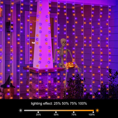 echosari Halloween Curtain Lights Battery Operated, 300 LED Purple Orange Fairy Curtain Lights 9.8Ft x 9.8Ft Hanging Lights with Remote Timer for Party Garden Yard Decor
